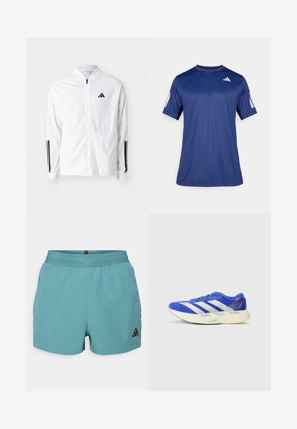 Giacca bianca con zip e colletto alto, dettagli neri a tre strisce sulle maniche e un piccolo logo nero sul petto. Texture del tessuto liscia.; Maglietta atletica blu navy a maniche corte realizzata in tessuto morbido, con scollatura a girocollo e dettaglio del logo bianco sulla parte superiore sinistra del petto.; Pantaloni sportivi teal con cintura testurizzata, tasche laterali e logo Adidas nero sul lato inferiore destro. Tessuto leggero.; Scarpa da corsa blu con tomaia in rete, strisce bianche prominenti e suola testurizzata. Accentuata da dettagli verdi e grigi.