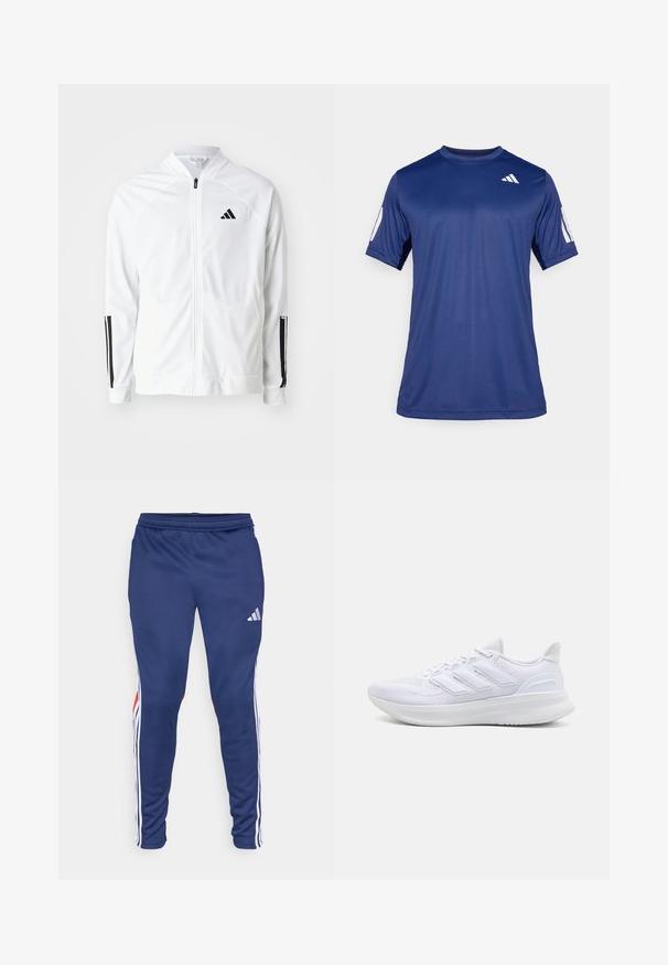 Chaqueta blanca con cremallera y cuello alto, detalles en negro con tres franjas en las mangas, y un pequeño logo negro en el pecho. Textura de tela suave.; Camisa atlética de manga corta en azul marino, fabricada con un tejido suave, que presenta un cuello redondo y un detalle de logo blanco en la parte superior izquierda del pecho.; Pantalones deportivos azul marino con franjas laterales blancas y detalles rojos. Fabricados con un tejido suave y una cintura elástica para mayor comodidad. Presenta el logo de Adidas.; Zapatillas deportivas blancas con una parte superior de malla texturizada, suela acolchada y soporte, y un diseño de tres rayas en el lateral.