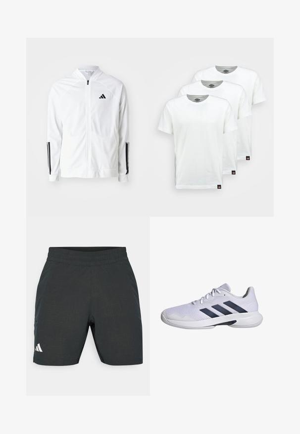 Weißer Zip-Up-Jacket mit hohem Kragen, schwarzen drei Streifen Akzenten an den Ärmeln und einem kleinen schwarzen Logo auf der Brust. Glatte Stofftextur.; Drei schlichte weiße Baumwoll-T-Shirts mit kurzen Ärmeln. Jedes Shirt hat einen runden Ausschnitt und ein kleines schwarzes Logotipo auf der linken Seite.; Schwarze Sportshorts mit strukturiertem Muster, elastischem Bund und Seitentaschen. Mit einem weißen Logo auf der unteren linken Seite.; Weißer Sportschuh mit atmungsaktivem Mesh-Obermaterial, navyblauem Drei-Streifen-Design, strukturiertem Sohlen und runder Spitze für zusätzliche Stabilität.