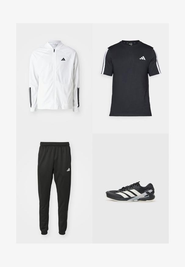 Witte zip-up jas met een hoge kraag, zwarte drie-streep accenten op de mouwen en een klein zwart logo op de borst. Soepele stoftextuur.; Zwarte T-shirt van katoen met korte mouwen, met witte strepen op de schouders en een wit logo op de linkerkant van de borst.; Zwarte sport joggers met een elastische tailleband, taps toelopende pijpen en een wit logo op de bovenste linkerzijde. Gemaakt van soepel, ademend materiaal.; Zwarte sportschoen met witte strepen, bovenwerk van mesh, ronde neus en geveerde zool. Heeft een getextureerde hak en een veilig vetersysteem.