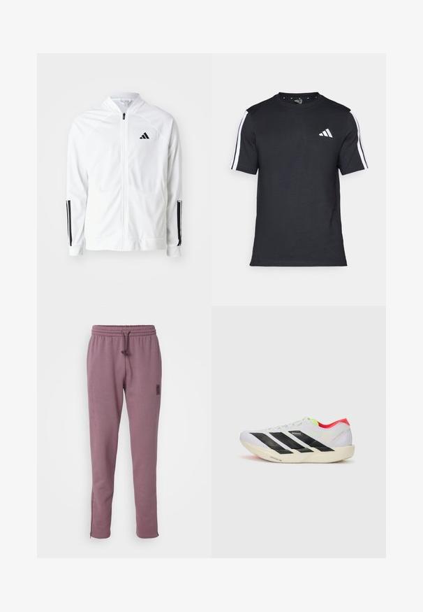 Weißer Zip-Up-Jacket mit hohem Kragen, schwarzen drei Streifen Akzenten an den Ärmeln und einem kleinen schwarzen Logo auf der Brust. Glatte Stofftextur.; Schwarzes T-Shirt aus Baumwolle mit kurzen Ärmeln, ausgestattet mit weißen Streifen auf den Schultern und einem weißen Logo auf der linken Brust.; adidas Performance REAL MADRID SZN PANT - Vereinsmannschaften - shadow fig; Weißer Sportschuh mit schwarzen Streifen, neongrünen Akzenten und einer roten Ferse. Hat ein leichtes Design und eine strukturierte Sohle für besseren Grip.