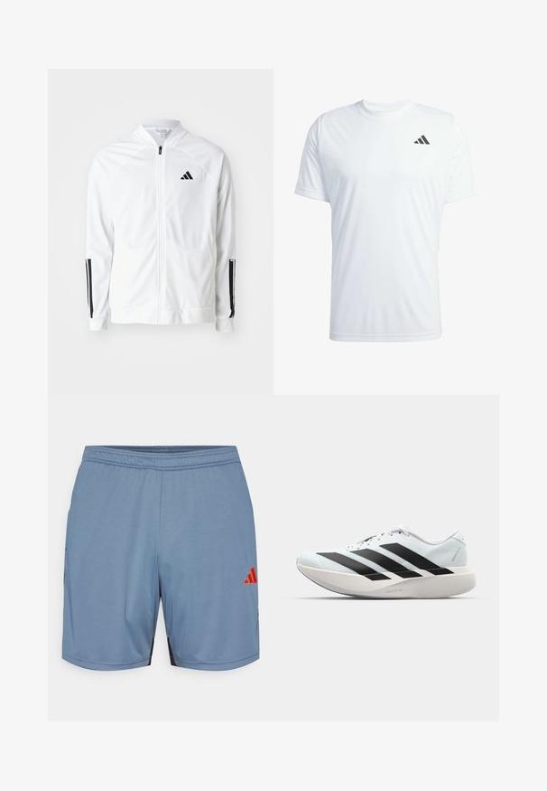 White zip-up jacket with a high collar, black three-stripe accents on sleeves, and a small black logo on the chest. Smooth fabric texture.; White short-sleeve athletic t-shirt made of lightweight fabric featuring a black Adidas logo on the upper left chest.; Light blue athletic shorts with black side accents, elastic waistband, and an orange Adidas logo. Made from smooth, lightweight fabric.; Lightweight running shoes in pale blue with black stripes. Features a smooth upper, round toe, and thick white midsole labeled "LIGHTSTRIKE PRO."