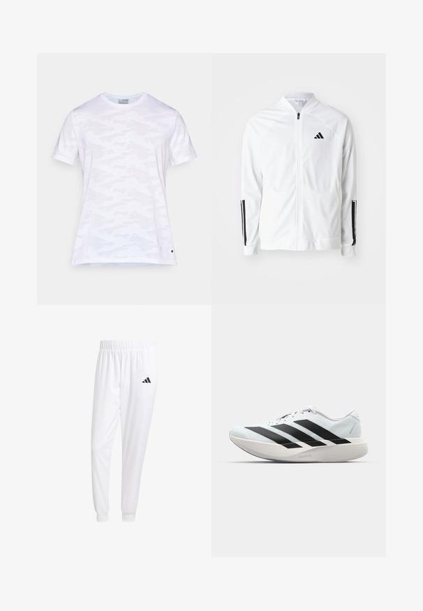 Giacca bianca con zip e colletto alto, dettagli neri a tre strisce sulle maniche e un piccolo logo nero sul petto. Texture del tessuto liscia.; T-shirt bianca a maniche corte con un sottile motivo mimetico tono su tono, colletto rotondo, texture liscia e piccolo dettaglio logo all'orlo.; Pantaloni sportivi bianchi realizzati in tessuto liscio, con una vita elasticizzata e polsini aderenti, dotati di un logo nero sulla tasca posteriore.; Scarpe da corsa leggere di colore azzurro pallido con strisce nere. Presentano una tomaia liscia, punta rotonda e un'ampia intersuola bianca etichettata "LIGHTSTRIKE PRO."