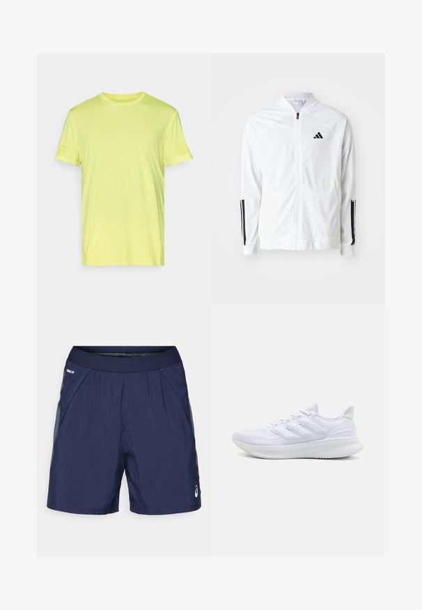 Weißer Zip-Up-Jacket mit hohem Kragen, schwarzen drei Streifen Akzenten an den Ärmeln und einem kleinen schwarzen Logo auf der Brust. Glatte Stofftextur.; Helles gelbes, kurzärmeliges T-Shirt mit strukturiertem Stoff. Beinhaltet dezentes Branding auf dem linken Ärmel. Klassisches Rundhalsausschnitt-Design.; Marineblaue Sportshorts mit elastischem Bund, seitlichen Taschen und hellgrauen Akzenten. Aus leichtem, glattem Stoff für hohen Tragekomfort.; Weiße Sportschuhe mit einem strukturierten Mesh-Obermaterial, einer stützenden gepolsterten Sohle und einem drei Streifen-Design an der Seite.