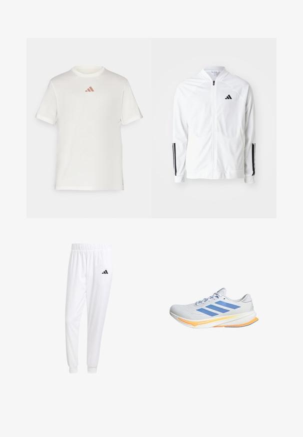 Witte zip-up jas met een hoge kraag, zwarte drie-streep accenten op de mouwen en een klein zwart logo op de borst. Soepele stoftextuur.; Witte katoenen t-shirt met een ronde hals en korte mouwen. Beschikt over een subtiele lichtroze Adidas-logo op de borst. Eenvoudig en ongecompliceerd ontwerp.; Witte sportbroek van gladde stof, met een elastische tailleband en smalle taillebanden, voorzien van een zwart logo op de achterzak.; Witte hardloopschoen met blauwe strepen, oranje en gele dempingzool, en de tekst "DREAMSTRIKE+" op de zijkant.