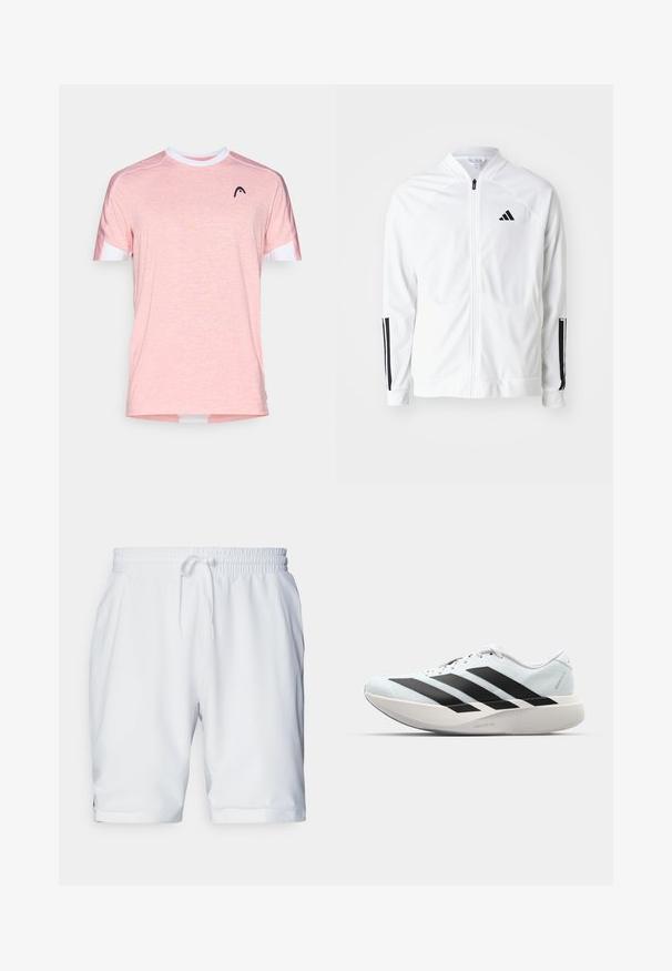 Weißer Zip-Up-Jacket mit hohem Kragen, schwarzen drei Streifen Akzenten an den Ärmeln und einem kleinen schwarzen Logo auf der Brust. Glatte Stofftextur.; Helles pinkes T-Shirt mit kurzen Ärmeln aus einem strukturierten Stoff. Verfügt über einen weißen runden Halsausschnitt und ein schwarzes Logo auf der Brust.; Weiße Sportshorts mit elastischem Bund und verstellbarem Kordelzug. Glatter Stoff mit subtiler Textur, ausgestattet mit Seitentaschen.; Leichte Laufschuhe in hellblau mit schwarzen Streifen. Sie verfügen über ein glattes Obermaterial, eine runde Zehenpartie und eine dicke weiße Zwischensohle, die mit "LIGHTSTRIKE PRO" beschriftet ist.
