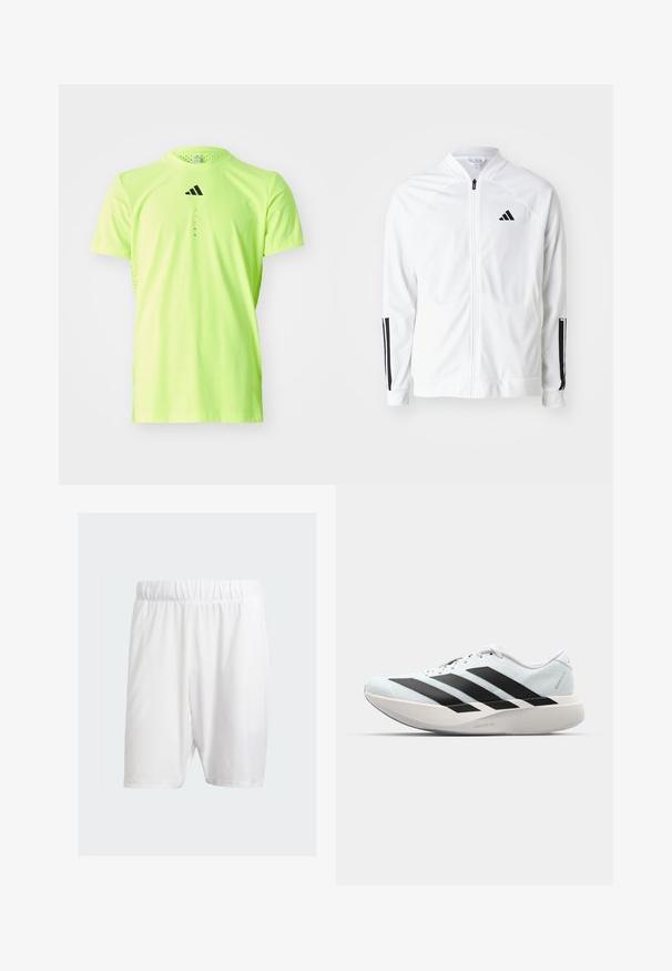 Chaqueta blanca con cremallera y cuello alto, detalles en negro con tres franjas en las mangas, y un pequeño logo negro en el pecho. Textura de tela suave.; Una camiseta deportiva de color verde neón con mangas cortas, cuello redondo y paneles laterales perforados. Presenta un logo negro en la parte frontal.; Pantalones cortos deportivos blancos hechos de una tela ligera, con una cinturilla elástica, textura suave y corte a la altura de la rodilla.; Zapatillas de running ligeras en azul pálido con rayas negras. Presentan una parte superior suave, puntera redonda y una gruesa mediasuela blanca etiquetada como "LIGHTSTRIKE PRO".