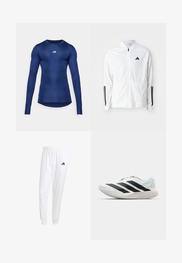 Giacca bianca con zip e colletto alto, dettagli neri a tre strisce sulle maniche e un piccolo logo nero sul petto. Texture del tessuto liscia.; Maglietta sportiva a maniche lunghe color navy; tessuto liscio e elastico; scollatura tonda; presenta un piccolo logo bianco sul petto; design aderente.; Pantaloni sportivi bianchi realizzati in tessuto liscio, con una vita elasticizzata e polsini aderenti, dotati di un logo nero sulla tasca posteriore.; Scarpe da corsa leggere di colore azzurro pallido con strisce nere. Presentano una tomaia liscia, punta rotonda e un'ampia intersuola bianca etichettata "LIGHTSTRIKE PRO."