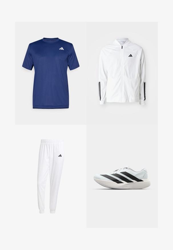 Chaqueta blanca con cremallera y cuello alto, detalles en negro con tres franjas en las mangas, y un pequeño logo negro en el pecho. Textura de tela suave.; Camiseta atlética de manga corta de color azul marino, hecha de una tela suave. Presenta un logo blanco en la parte superior izquierda. Diseño de cuello redondo.; Pantalones deportivos blancos de tela suave, con cinturilla elástica y puños ajustados, y un logo negro en el bolsillo trasero.; Zapatillas de running ligeras en azul pálido con rayas negras. Presentan una parte superior suave, puntera redonda y una gruesa mediasuela blanca etiquetada como "LIGHTSTRIKE PRO".