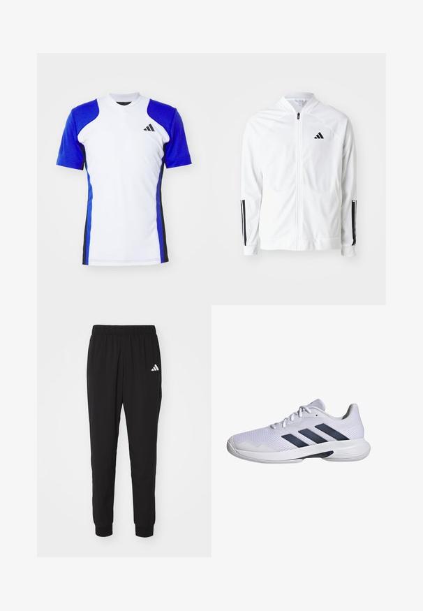 Weißer Zip-Up-Jacket mit hohem Kragen, schwarzen drei Streifen Akzenten an den Ärmeln und einem kleinen schwarzen Logo auf der Brust. Glatte Stofftextur.; Kurzes Sportshirt in Weiß mit blauen Ärmeln, ausgestattet mit schwarzen seitlichen Akzenten und einem kleinen schwarzen Logo auf der Brust. Glatte Stoffoberfläche.; Schwarze Sporthosen mit elastischem Bund, Bündchen an den Knöcheln und weißem Adidas-Logo am linken Oberschenkel. Hergestellt aus leichtem, glattem Stoff.; Weißer Sportschuh mit atmungsaktivem Mesh-Obermaterial, navyblauem Drei-Streifen-Design, strukturiertem Sohlen und runder Spitze für zusätzliche Stabilität.