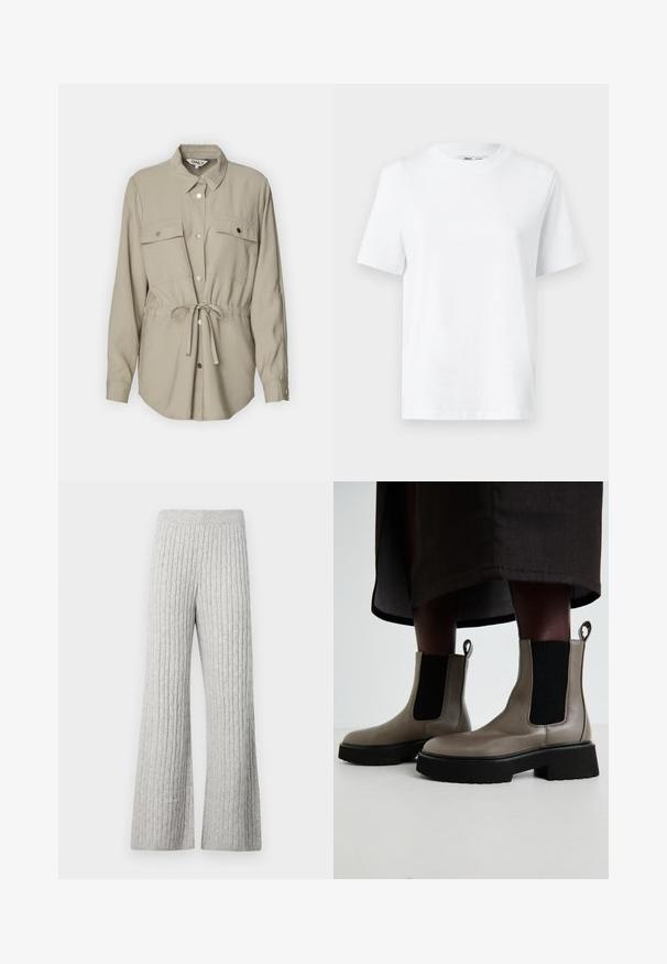 Svetlo béžová košeľa na gombíky s golierom, dvoma náprsními vreckami a pásikom na páse. Má dlhé rukávy a strieborné gombíkové detaily.; Biela bavlnená tričko s okrúhlym výstrihom, krátkymi rukávmi a hladkou textúrou. Navrhnuté s voľným strihom pre pohodlie a univerzálnosť.; Sivé rebrované pletené nohavice s širokými nohavicami, s textúrovaným vzorom a elastickým pásom, s jemným povrchom látky.; Šedé členkové topánky vyrobené z textúrovanej kože s elastickými bočnými panelmi a robustnou čiernou podrážkou. Obsahujú pútka pre jednoduché obúvanie.