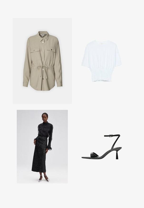 Světle béžová košile na knoflíky s límečkem, dvěma náprsními kapsami a páskem v pase. Má dlouhé rukávy a stříbrné knoflíkové detaily.; Bílý tričko s krátkým rukávem, se volným střihem a nařasenou texturou v pase. Vyrobeno z měkkého, lehkého materiálu.; Černá košile s knoflíky a průhlednými rukávy, v kombinaci s černou midi sukní s flitry a stříbrnými lodičkami na vysokém podpatku. Elegantní a texturovaný design.; Bershka Sandály na vysokém podpatku - black