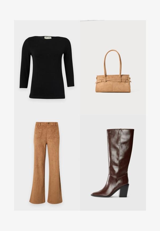 Šviesiai smėlinis marškinis su apykakle, dviem krūtinės kišenėmis ir juosmens juosta. Turi ilgus rankovės ir sidabrinius mygtukų akcentus.; Juodas ilgo rankovės medvilnės marškinėlis su valtimi iškirpte ir prigludusia forma. Glotni tekstūra su subtiliu blizgesiu, be akivaizdžių raštų ar akcentų.; Rudi zomšos flared kelnės, turinčios aukštą liemenį, priekinius ir galinius kišenes bei lygų paviršių. Sukurtos, kad būtų laisvos visame kojoje.; Aukštas tamsiai rudas odinis botas su smailiu pirštu ir sluoksniuota bloko pakulne, rodomas šoniniu vaizdu ant vientiso fono.; Žalias suedinių rankinukas su dviem ilgais rankenomis, stačiakampio formos ir dekoratyviniu siuvimu. Jame yra šoninė dirželis ir subtili auksinė hardware akcentai.