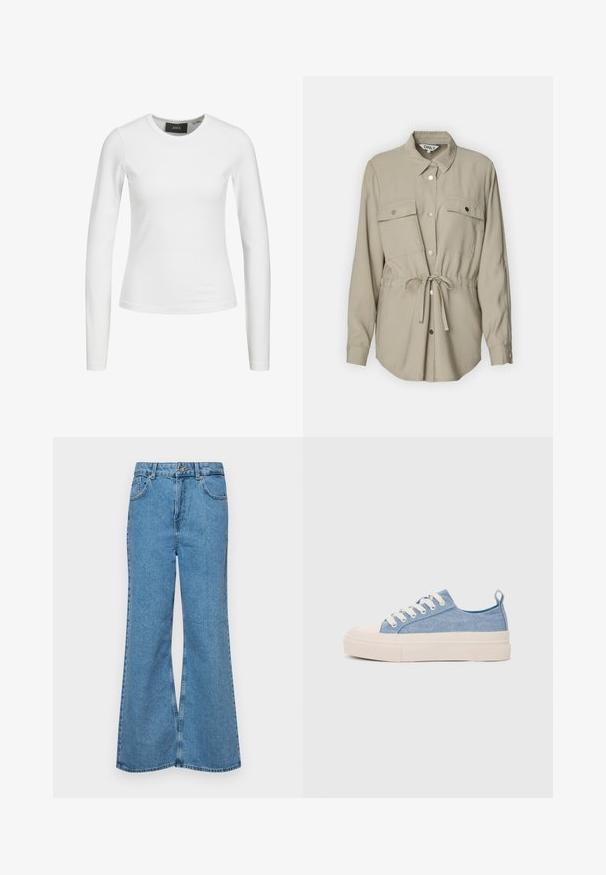 Kerge beeži värvi nööpideta särk koos krae, kahe rinna tasku ja vöö sidumisega. Omab pikki varrukaid ja hõbedaseid nööbi aktsente.; Valge pikkade varrukatega kehaümberpüüdja topp, mis on valmistatud kergest ja venivast kangast. Omab ümarat kaelust ning ei sisalda nähtavaid mustreid ega kaunistusi.; Heledad sinine flared teksade rõivad, millel on kõrge talje, viis taskut ja üks nupulukk. Pehme tekstuur ja pleekinud viimistlus.; Heledad sinised kangast tennisekingad koorevärvi kummist varbakatte ja taldaga, millel on valged paelad ja tõmblukk kandadel.