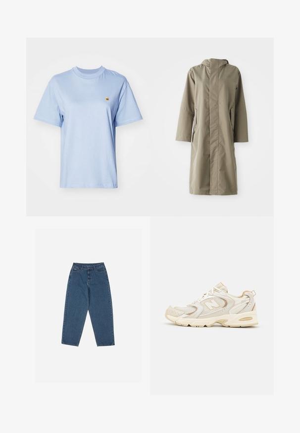 Khaki raincoat with a hood, made of smooth, water-resistant fabric. Features long sleeves and side pockets, providing a relaxed fit.; Red knitted sweater with a high ribbed collar. Features horizontal ribbing at the hem and cuffs. "ellesse" logo is prominently displayed in blue and white.; Light blue cotton t-shirt with short sleeves, round neckline, and small yellow embroidered logo on the chest. Soft texture, relaxed fit.; Blue denim jeans with a relaxed fit, high waist, five-pocket design, and stitching accents. Features a button and zipper closure.; Beige athletic shoes with mesh and synthetic overlays, featuring a textured surface, padded collar, and "ABZORB" cushioning at the heel.