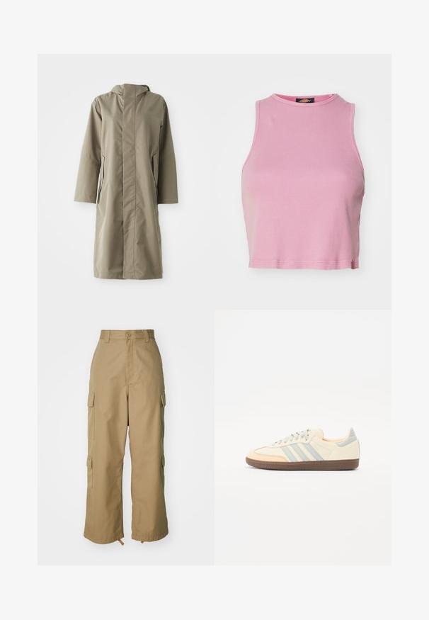 Khaki raincoat with a hood, made of smooth, water-resistant fabric. Features long sleeves and side pockets, providing a relaxed fit.; Pink ribbed crop top with a round neckline and sleeveless design. Features a hemline finishing just above the waist.; Beige cargo pants with a high waist, wide legs, and four large side pockets. Made of durable fabric with a smooth texture and minimal detail.; Sneakers with a cream leather upper, light blue stripes, and peach accents. Features a textured brown rubber sole and minimalistic design.