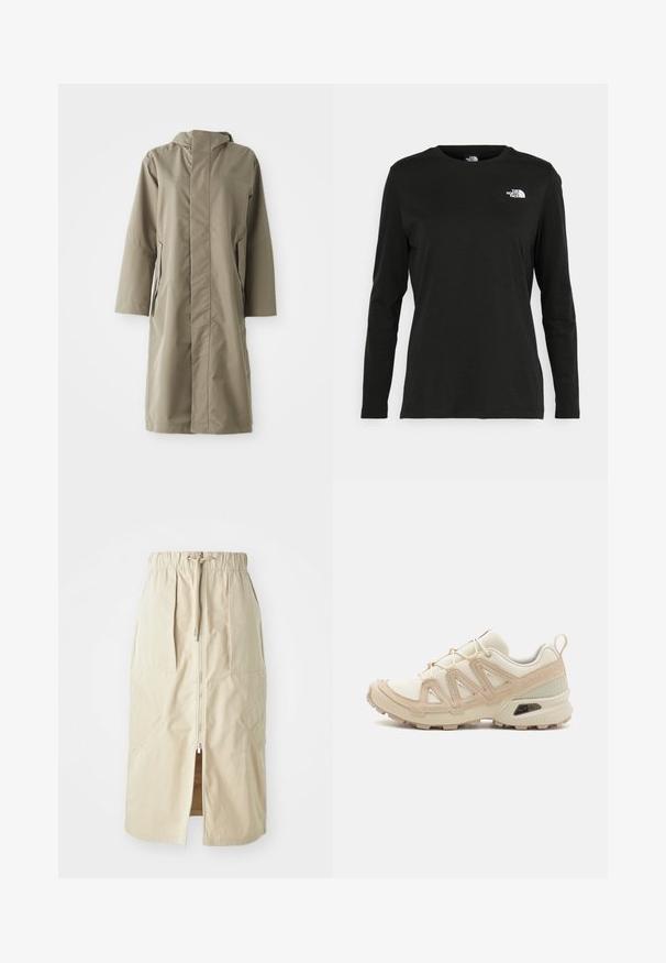 Khaki regnjakke med hette, laget av glatt, vannavvisende stoff. Har lange ermer og sidelommer, og gir en avslappet passform.; Svart langermet T-skjorte laget av bomull med rund hals. Har en liten hvit logo på venstre brystområde. Enkelt design og passform.; Beige, middels lang skjørt laget av lett stoff. Har glidelås foran, elastisk midje og sidelommer med vinklet design.; Beige og krem joggesko med teksturert mesh-overdel, støttende overlegg og gummisåle med et mønster for godt grep.