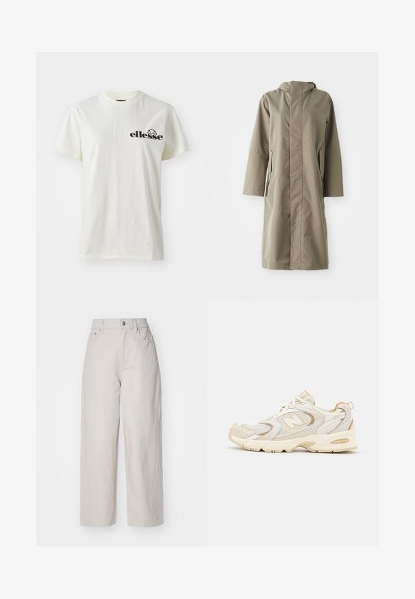 Khaki lietus mētelis ar kapuci, izgatavots no gludas, ūdensizturīgas auduma. Tam ir garas piedurknes un sānu kabatas, nodrošinot brīvu piegriezumu.; Balts kokvilnas T-krekls ar apaļu kakla izgriezumu un īsām piedurknēm, kreisajā pusē ar melnu "ellesse" logotipu. Mīksta tekstūra, brīva piegriezuma.; Bēša platā kāju kokvilnas bikses ar augstu jostasvietu, pogu un rāvējslēdzēju, kā arī četrām kabatām; gluda tekstūra ar denima apdari.; Bēši sporta apavi ar sietu un sintētiskām pārklājumiem, ar teksturētu virsmu, mīkstu apkaklīti un "ABZORB" amortizāciju papēdī.