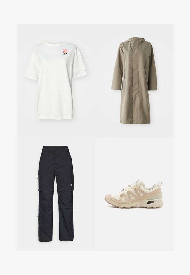 Cala de chuva caqui com capuz, feita de um tecido liso e resistente à água. Apresenta mangas compridas e bolsos laterais, proporcionando um ajuste confortável.; Camiseta branca de manga curta feita de algodão, com um desenho floral rosa e um pequeno logótipo preto na área do peito esquerdo.; Calças cargo pretas em nylon com fechos de correr removíveis, punhos ajustáveis, múltiplos bolsos e um logótipo na perna direita. Textura suave e leve.; Sapatilha atlética beige e creme com parte superior em malha texturizada, sobreposições de suporte e sola de borracha com um padrão de cravo para tração.