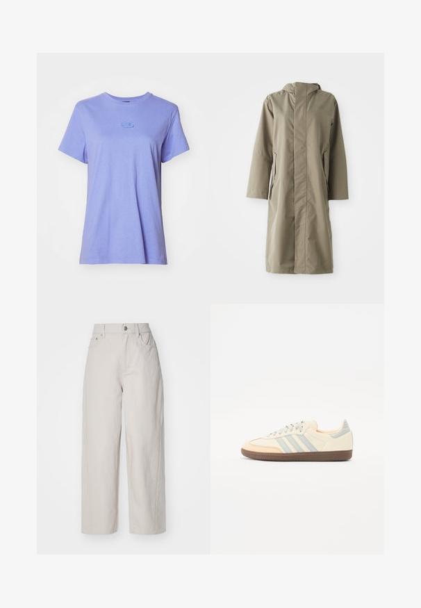 Khaki pršiplášť s kapucňou, vyrobený z hladkej, vodeodolnej tkaniny. Má dlhé rukávy a bočné vrecká, poskytuje uvoľnený strih.; Svetlofialové bavlnené tričko s klasickým okrúhlym výstrihom, krátkymi rukávmi a vyšívaným logom na ľavej hrudi. Mäkkučká, hladká textúra.; Bežové široké bavlnené nohavice s vysokým pásom, zapínaním na gombík a zips, a štyrmi vreckami; hladká textúra s denimovým povrchom.; Tenisky s krémovým koženým zvrškom, svetlomodrými pruhmi a broskyňovými akcentmi. Majú štruktúrovanú hnedú gumovú podrážku a minimalistický dizajn.