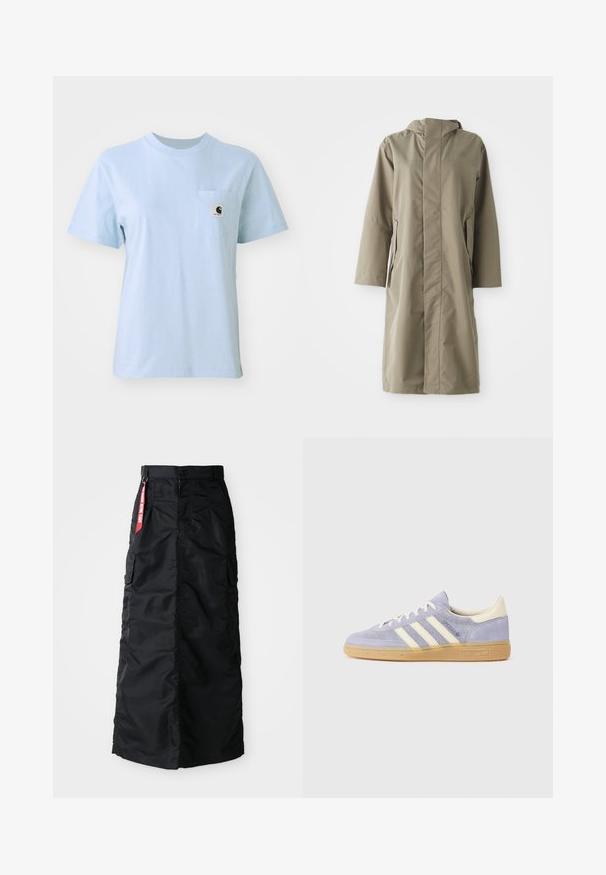 Cala de chuva caqui com capuz, feita de um tecido liso e resistente à água. Apresenta mangas compridas e bolsos laterais, proporcionando um ajuste confortável.; T-shirt azul-claro de mangas curtas, feito em algodão, com um pequeno bolso no peito com uma etiqueta de logótipo. Decote redondo simples, textura suave.; Saia longa preta com botão frontal e zipper, bolsos cargo laterais, e uma etiqueta de tecido vermelha "Remover Antes do Voo" na cintura.; Sneaker de camurça roxa com três riscas brancas, sola de borracha goma e detalhes em creme no calcanhar e na língua. Design minimalista com detalhe do logótipo.