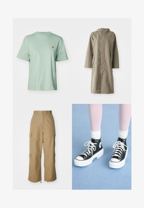 Kaki lietpaltis su kapišonu, pagamintas iš lygaus, vandeniui atsparaus audinio. Turi ilgus rankovės ir šonines kišenes, užtikrinančias laisvą prigludimą.; Mėtų žalios spalvos medvilninė marškinė su apvalia kaklo iškirpte, trumpomis rankovėmis ir mažu išsiuvinėtu logotipu ant krūtinės. Minkšta tekstūra ir laisvas siluetas.; Šviesiai rudos spalvos cargo kelnės su aukštu liemeniu, plačiomis kojomis ir keturiomis didelėmis šoninėmis kišenėmis. Pagamintos iš patvarios medžiagos su lygiu paviršiumi ir minimaliais detalėmis.; Juodi aukšti sportbačiai su baltais padais ir raišteliais, su apvaliu logotipu šone ir kontrastinga juoda siūle. Tekstūruota viršutinė medžiaga.
