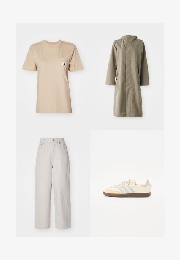 Khaki regnfrakke med hætte, lavet af glat, vandafvisende stof. Har lange ærmer og sidelommer, hvilket giver en afslappet pasform.; Beige bomulds T-shirt med rund halsudskæring, korte ærmer og en brystlomme med et lille logo-mærke. Glat tekstur og enkelt design.; Beige brede benbukser i cotton med høj talje, knap- og lynlås-lukning og fire lommer; glat tekstur med denim-finish.; Sko med en overdel i cremefarvet læder, lyseblå striber og ferskenfarvede detaljer. Har en struktureret brun gummisål og et minimalistisk design.