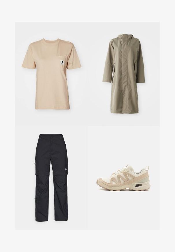 Khakinvärinen sadetakki huppulla, valmistettu sileästä, vedenkestävästä kankaasta. Ominaisuuksina pitkät hihat ja sivutaskut, jotka tarjoavat rentoa istuvuutta.; Beige puuvillapaidan, jossa on pyöreä kaula-aukko, lyhyet hihat ja rintatasku, jossa on pieni logopatch. Tasainen rakenne ja yksinkertainen muotoilu.; Mustat nailonista valmistetut irrotettavat cargo-housut säädettävillä lahkeilla, useilla taskuilla ja logolla oikeassa jalassa. Liukas, kevyt rakenne.; Beige ja kreemi värvi sportlikud jalanõud, millel on tekstiilne mesh ülemine osa, toetavad ülekatted ja kummist tald, millel on mustripattern haardeks.