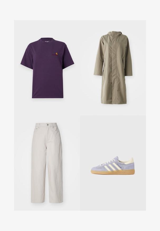 Khaki regnfrakke med hætte, lavet af glat, vandafvisende stof. Har lange ærmer og sidelommer, hvilket giver en afslappet pasform.; Lilla bomulds T-shirt med rund halsudskæring og korte ærmer. Har et lille logo i orange og rødt på venstre bryst.; Beige brede benbukser i cotton med høj talje, knap- og lynlås-lukning og fire lommer; glat tekstur med denim-finish.; Lilla ruskindsneaker med tre hvide striber, gummisål og cremefarvede detaljer ved hælen og tungen. Minimalistisk design med logodetalje.