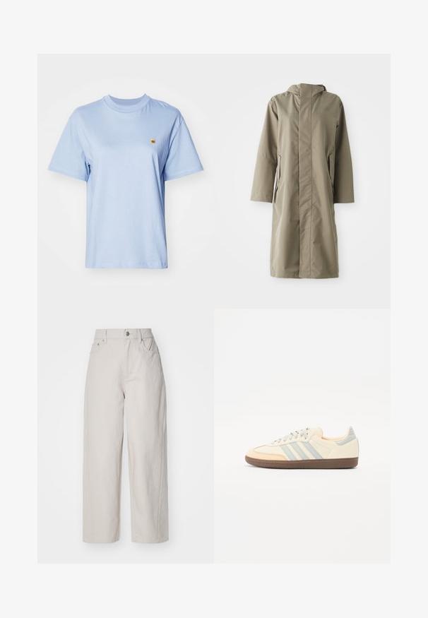 Khaki raincoat with a hood, made of smooth, water-resistant fabric. Features long sleeves and side pockets, providing a relaxed fit.; Light blue cotton t-shirt with short sleeves, round neckline, and small yellow embroidered logo on the chest. Soft texture, relaxed fit.; Beige wide-leg cotton trousers with a high waist, button and zipper closure, and four pockets; smooth texture with denim finish.; Sneakers with a cream leather upper, light blue stripes, and peach accents. Features a textured brown rubber sole and minimalistic design.