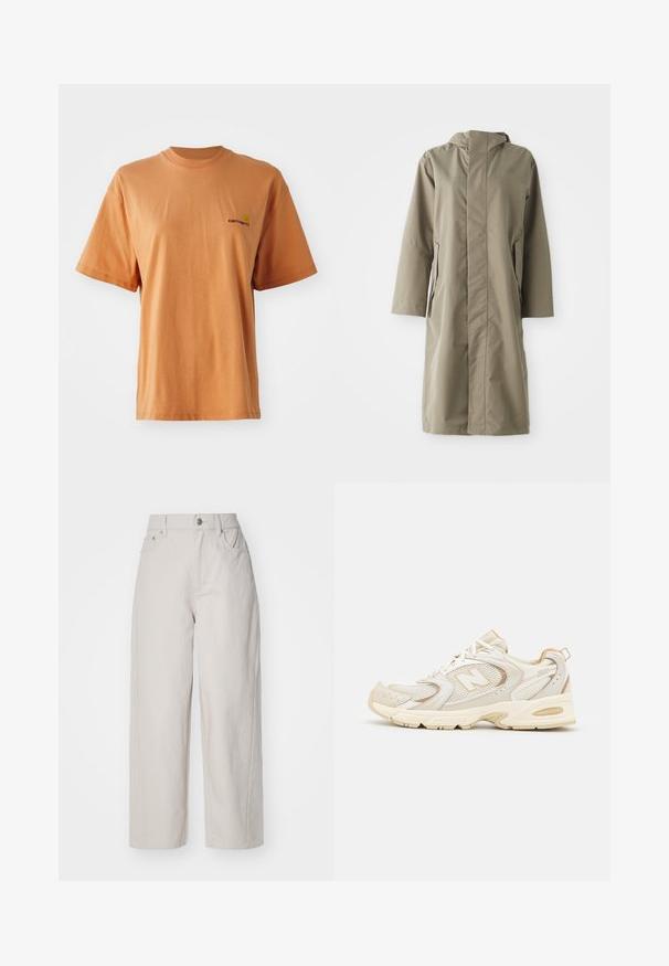 Khaki raincoat with a hood, made of smooth, water-resistant fabric. Features long sleeves and side pockets, providing a relaxed fit.; Short-sleeve, crew-neck t-shirt in muted orange cotton, featuring a small embroidered logo in dark red on the left chest.; Beige wide-leg cotton trousers with a high waist, button and zipper closure, and four pockets; smooth texture with denim finish.; Beige athletic shoes with mesh and synthetic overlays, featuring a textured surface, padded collar, and "ABZORB" cushioning at the heel.