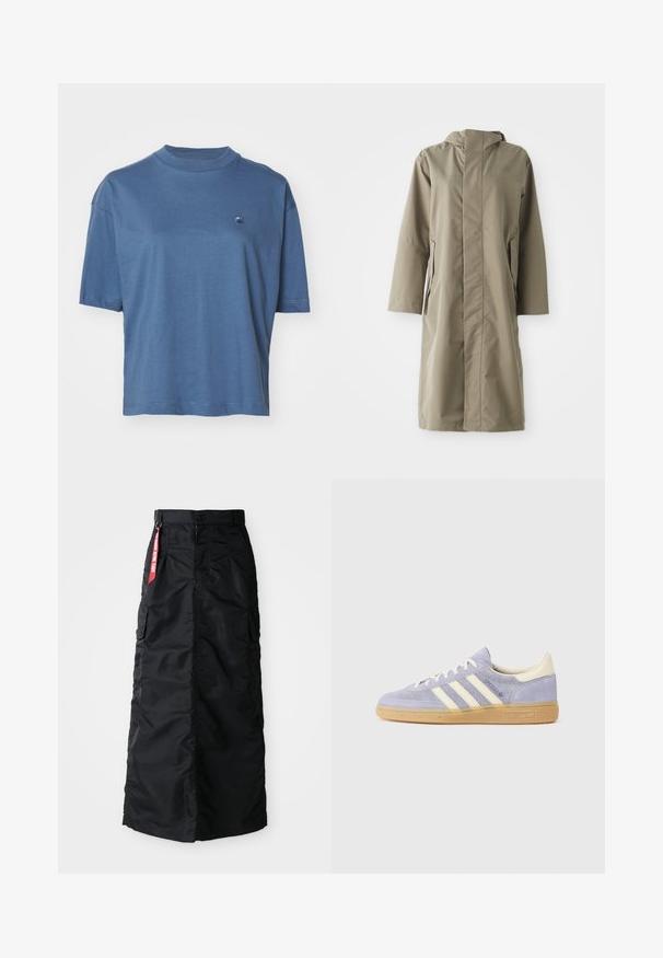 Khaki raincoat with a hood, made of smooth, water-resistant fabric. Features long sleeves and side pockets, providing a relaxed fit.; Carhartt WIP CHESTER - Basic T-shirt - positano; Black long skirt with front button and zipper, side cargo pockets, and a red "Remove Before Flight" fabric tag on the waistband.; Purple suede sneaker with three white stripes, rubber gum sole, and cream accents at the heel and tongue. Minimalist design with logo detail.