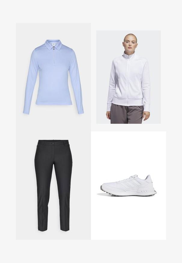 Bílá zipová bunda s texturovanou tkaninou, vysokým límcem a bočními kapsami, doplněná šedými kalhotami. Hladký povrch, lehký design.; Světle modrá polokošile s dlouhým rukávem, která má zipový límec, texturovanou látku a přiléhavý střih pro štíhlý vzhled.; Černé upravené kalhoty s hladkou texturou, vybavené zapínáním na knoflík, zipovým rozparkem a dvěma bočními kapsami. Slim fit s tapered nohavicemi.; Bílé sportovní boty s texturovaným síťovaným svrškem, které mají na boku tři pruhy, polstrovaný límec a gumovou podrážku s hroty pro přilnavost.