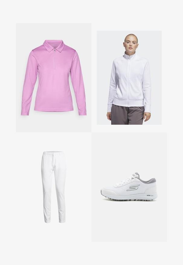 Biała kurtka zapinana na zamek z teksturowanej tkaniny, wysoki kołnierz i kieszenie boczne, w zestawieniu z szarymi spodniami. Gładkie wykończenie, lekka konstrukcja.; Koszula polo z długim rękawem w jasnoróżowym kolorze, z teksturowanej tkaniny, klasycznym kołnierzykiem oraz półzamkiem przy szyi.; Białe tapered spodnie wykonane z gładkiego materiału. Posiadają płaski przód, szlufki na pasek i czysty fason pasa. Brak widocznych kieszeni.; Białe sportowe buty z teksturowanym siateczkowym wierzchem, srebrnymi akcentami i lekką podeszwą z małymi stożkami trakcyjnymi, oznaczone "ULTRA FLIGHT".