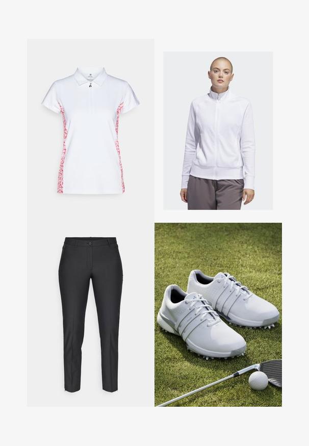 Bílá zipová bunda s texturovanou tkaninou, vysokým límcem a bočními kapsami, doplněná šedými kalhotami. Hladký povrch, lehký design.; Bílá polokošile s krátkým rukávem, která má zipový límec a růžový abstraktní vzor na bocích. Vyrobena z texturované tkaniny.; Černé upravené kalhoty s hladkou texturou, vybavené zapínáním na knoflík, zipovým rozparkem a dvěma bočními kapsami. Slim fit s tapered nohavicemi.; Bílé golfové boty se syntetickým svrškem, texturovanými panely a šněrovacím designem. Vyznačují se výraznými hroty na podrážce a polstrovanou stélkou.