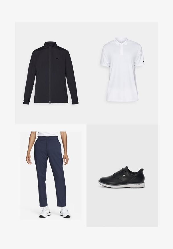 Must must tulejakker, millel on täispikkuses tõmblukk, kõrge krae, pika varrukaga, külgmised tõmblukuga taskud ja väike logo rinnal.; Valge lühikese varrukaga polo särk, mis on valmistatud sünteetilisest kangast. Omab kraega kaelaosa ja musta Nike logo vasakul varrukal.; Sileți sinised püksid, mis on valmistatud siledast kangast ja millel on sirge jalg, esipocket ja vöölukud, kombineeritud valgete tossudega.; Must on must lace-up Skechers tossud valge tallaga, külje logo ja tekstuurse haardega tallal, lihtsa heleda tausta ees.