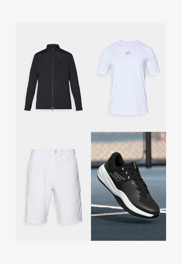 Melnā vieglais jaka ar pilnu priekšpusi ar rāvējslēdzēju, augstu apkakli, garām piedurknēm, sānu rāvējslēdzēju kabatām un mazu logotipu uz krūtīm.; Balts īsām piedurknēm sporta krekls, izgatavots no viegla, elpojoša sieta auduma. Tam ir apaļš kakla izgriezums un apļveida EA7 logo uz krūšu daļas.; Baltie šorti, izgatavoti no gludas auduma, ar klasisku dizainu un pogu aizdari, kā arī kabatām. Tīras līnijas un bez redzamām rakstām.; Melnas sporta kurpes ar teksturētu virsmu, baltām akcentēm un mīkstinātu balto zoli. Iespējams, ka tās ir ar šņorēm un caurumu dizainu gaisa caurlaidībai.