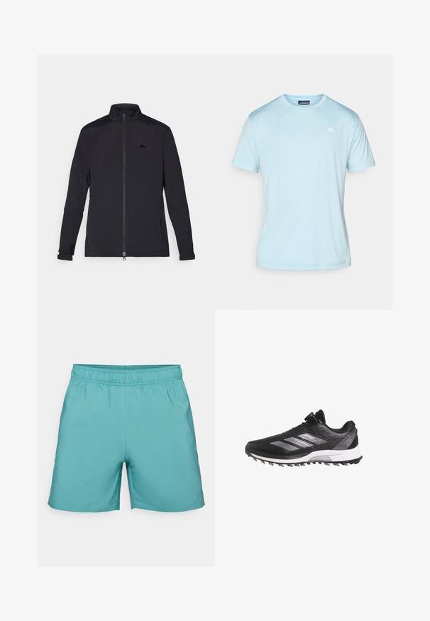 Svart lättviktsjacka med hel dragkedja fram, hög krage, långa ärmar, fickor med dragkedja på sidan och en liten logotyp på bröstet.; Ljusblå t-shirt med kort ärm i mjukt tyg, med rund halsringning och en liten vit logotyp på övre vänstra sidan.; Turkosa träningsshorts med elastisk midja, slät textur och rak skärning utan mönster eller ytterligare detaljer.; Svarta Adidas Adizero löparskor med vit sula, silverfärgade ränder och ett snörningssystem med ratt, visat från vänster profil.