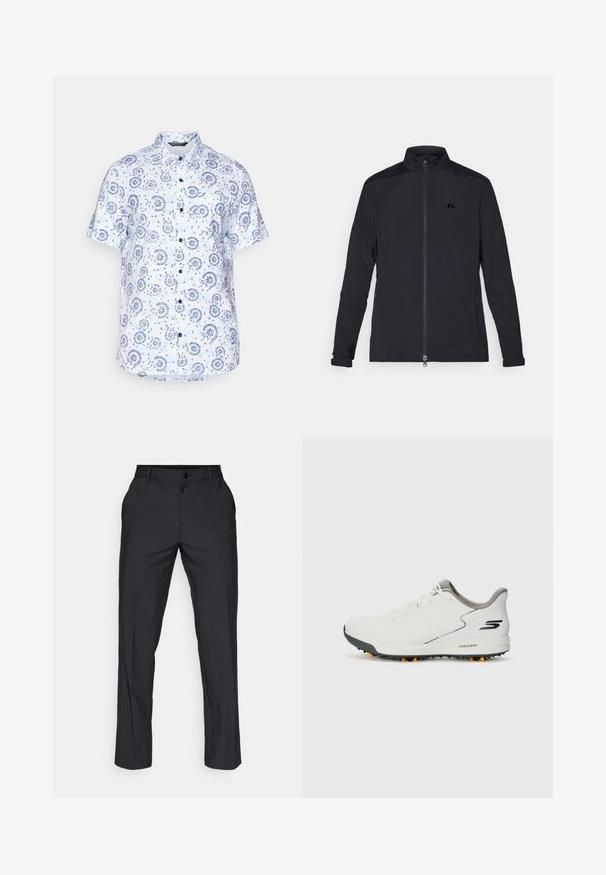 Giacca leggera nera con zip frontale completa, colletto alto, maniche lunghe, tasche laterali con zip e logo piccolo sul petto.; Camicia a maniche corte in tessuto azzurro chiaro con motivo floreale e circolare, con chiusura a bottoni e colletto a punta.; adidas Golf PANT - Pantaloni - black; Scarpa sportiva bianca con tomaia liscia, dettagli grigi e suola nera strutturata con punte arancioni. Design leggero incentrato sul comfort.