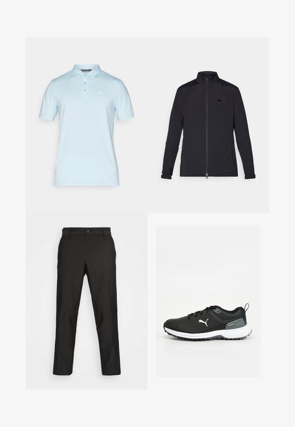 Svart lett jakke med full glidelås foran, høy krage, lange ermer, sidelommer med glidelås og liten logo på brystet.; Lyseblå polo skjorte laget av myk bomull. Har krage, korte ermer og tre knapper. Inkluderer en liten logo på brystet.; Svart bukser laget av glatt stoff med rett snitt, med en øverste knapp og glidelås, designet med sidelommer.; Svarte joggesko med strukturert overdel, hvit såle med grå detaljer og en fremtredende merkevarelogo på siden.