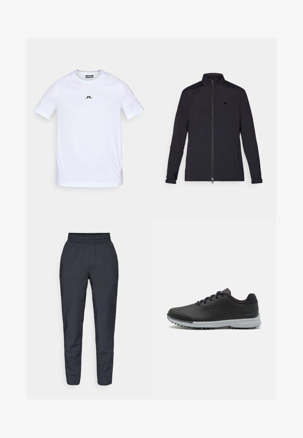 Czarna lekką kurtka zapinana na zamek błyskawiczny z przodu, z wysokim kołnierzem, długimi rękawami, bocznymi kieszeniami na zamek i małym logo na klatce piersiowej.; Biała koszulka sportowa z krótkim rękawem, wykonana z lekkiego materiału. Zawiera subtelne czarne logo na piersi oraz ergonomiczny krój szwów dla wygody.; Granatowe tapered spodnie wykonane z miękkiego materiału, z elastyczną talią, kieszeniami bocznymi oraz gładką teksturą z subtelnymi detalami w szwie.; Czarne syntetyczne buty golfowe z teksturowaną cholewką, sznurowanym designem oraz szarym spodem z kolcami poprawiającymi przyczepność.