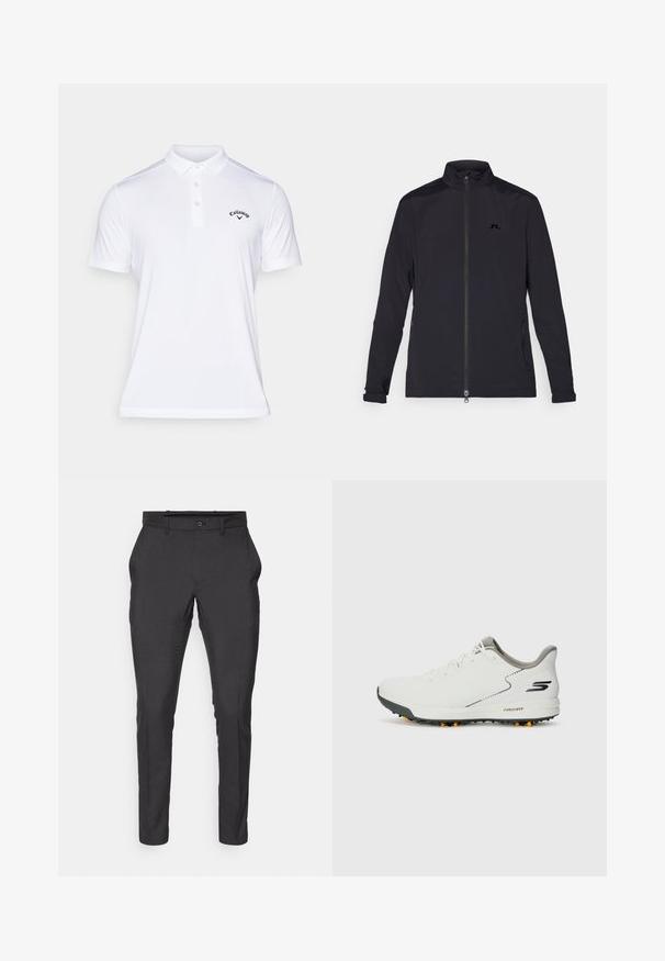 Mustat kevyet takki, jossa on täysin edessä oleva vetoketju, korkea kaulus, pitkät hihat, sivujatkotaskut ja pieni logo rinnassa.; Callaway TOURNAMENT - Pikeepaita - white; J.LINDEBERG Sports ELOF PANT - Housut - black; Valkoiset urheilukengät, joissa on sileä päällinen, harmaat yksityiskohdat ja teksturoitu musta pohja, jossa on oransseja piikkejä. Kevyt malli, joka keskittyy mukavuuteen.