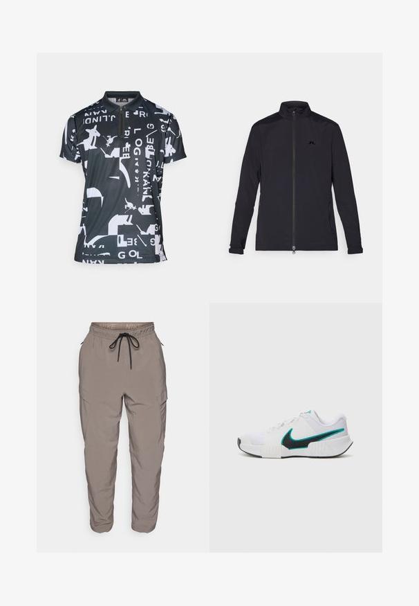 Must must tulejakker, millel on täispikkuses tõmblukk, kõrge krae, pika varrukaga, külgmised tõmblukuga taskud ja väike logo rinnal.; Must mustreep mustra collariga, lühikeste varrukatega ning sportliku ja kergest kangast struktuuriga valge geomeetrilise mustriga must polo särk.; Nike cargo püksid helesinises hallis, millel on elastne vöökoht ja nöör, küljetaskud ning kitsenev lõige. Sile kangastekstuuri.; Valge sportlik toss, millel on tekstureeritud võrkmaterjalist ülaosa, must kummist tald ja türkiissinine Nike'i logo aktsent. Eriomadusteks on paelad ja polsterdatud krae.