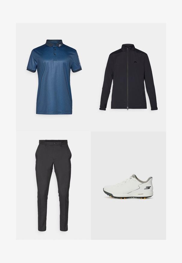 Chaqueta ligera negra con cremallera frontal completa, cuello alto, mangas largas, bolsillos laterales con cremallera y pequeño logo en el pecho.; Camisa polo azul marino con un patrón geométrico, de manga corta y con un cuello oscuro. Con un logo en el cuello y la manga.; J.LINDEBERG Sports ELOF PANT - Pantalones - black; Zapatilla deportiva blanca con parte superior lisa, acentos grises y una suela negra texturizada con picos naranjas. Diseño ligero centrado en la comodidad.