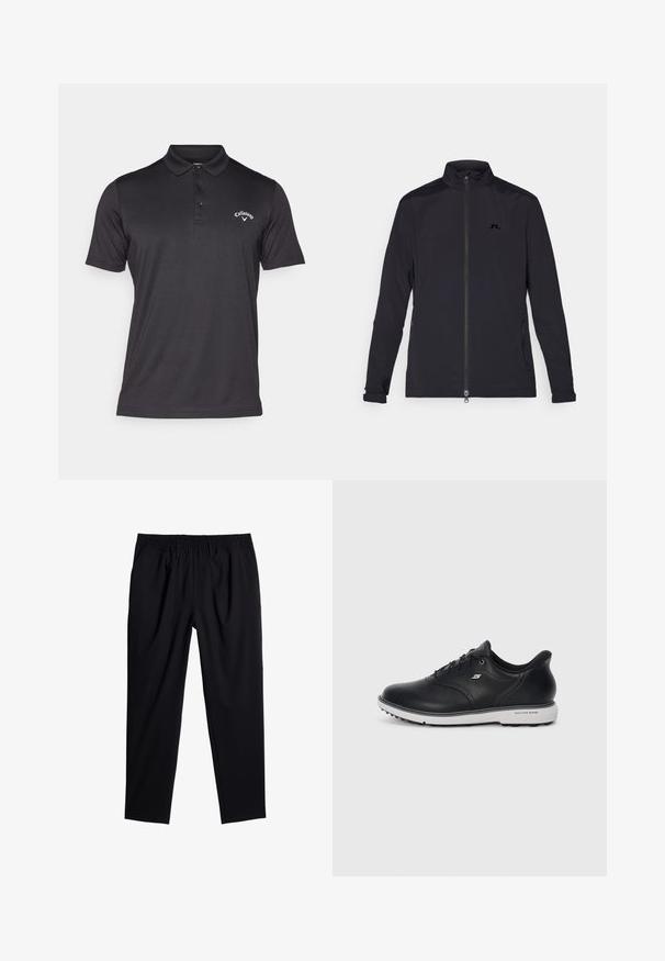 Czarna lekką kurtka zapinana na zamek błyskawiczny z przodu, z wysokim kołnierzem, długimi rękawami, bocznymi kieszeniami na zamek i małym logo na klatce piersiowej.; Callaway - Koszulka polo; Czarne spodnie z elastycznym pasem, luźny krój i gładka tekstura. Posiadają zwężające się nogawki oraz brak widocznych kieszeni lub ozdób.; Czarne skórzane sneakersy Skechers na sznurówki z białą podeszwą, bocznym logo i teksturowanym gripem na podeszwie na jednolitym jasnym tle.