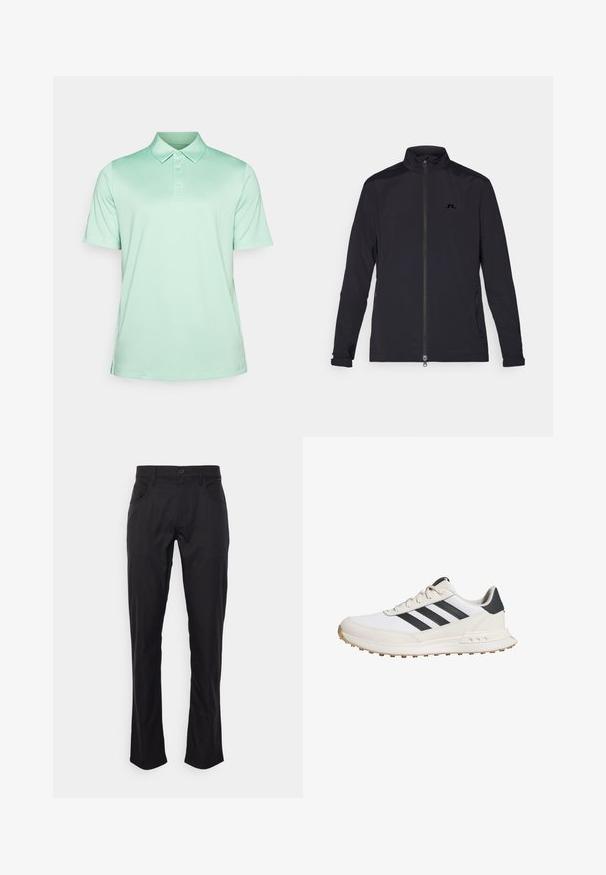 Svart lättviktsjacka med hel dragkedja fram, hög krage, långa ärmar, fickor med dragkedja på sidan och en liten logotyp på bröstet.; Mintgrön pikétröja med klassisk krage, korta ärmar, tvåknappsstängning och glatt, lätt tyg.; Svarta byxor med rak passform, tillverkade av slätt tyg. Har framfickor och en enda knappstängning. Minimalistisk design.; Vita idrottsskor i vitt med svarta ränder, med en strukturerad gummisula, slät läderövre och en vadderad krage för stöd.