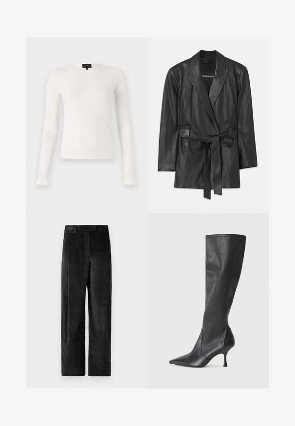 Sacou din piele neagră cu guler tăiat, talie cu curea și croială ajustată. Textură netedă și design minimalist. Potrivit pentru suprapuneri.; Bluză albă cu mâneci lungi, cu un model texturat, țesut. Decupaj la gât de tip crew și design ajustat. Material moale cu o ușoară strălucire.; Pantaloni negri, texturați, cu picioare largi și un țesătură pronunțată, dotati cu pliuri frontale și un talie plată. Design clasic, pentru versatilitate.; Botine din piele neagră, până la genunchi, cu vârf ascuțit și toc subțire stiletto. Textură netedă, cu un design ajustat și cusături la marginea superioară.