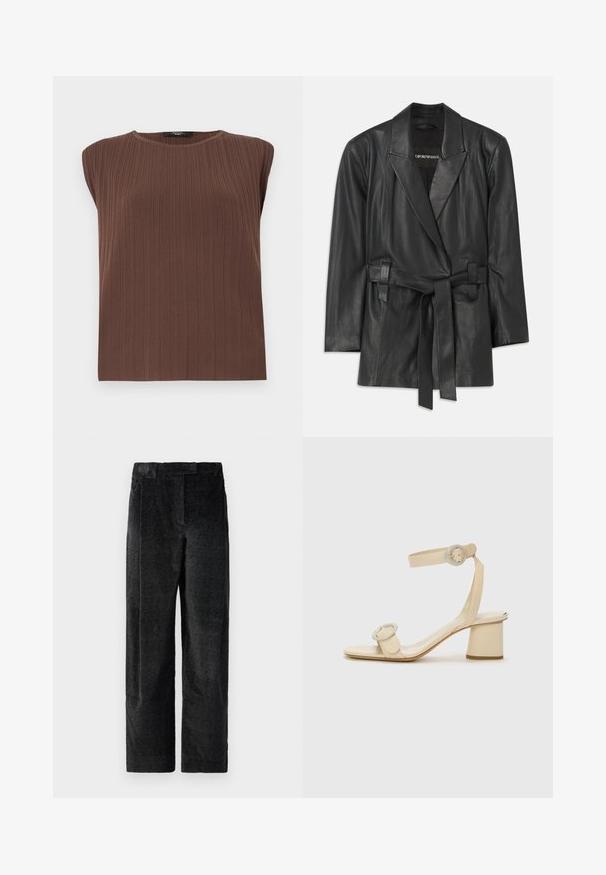 Melna ādas žakete ar iegrieztiem apkakles malām, josta viduklī un pielāgota silueta. Gluda tekstūra un minimālisks dizains. Piemērota slāņošanai.; Brūns ribots bez piedurknēm tops ar apaļu kakla izgriezumu. Maiga tekstūra, taisna griezuma un maigas vertikālas līnijas, kas izceļ auduma dizainu.; Melnas, teksturētas platajās bikses ar izteiktu audumu, kas ietver priekšējos krokas un plakanu jostasvietu. Klasisks dizains daudzpusībai.; Bežīgi augstpapēžu sandales ar minimālistisku dizainu, kas izceļas ar divām apļu akcentiem un masīlu papēdi. Izgatavotas no gludas ādas.