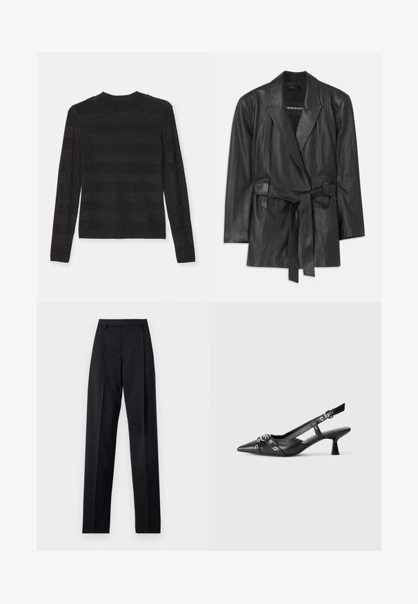 Črn usnjen blejzer z ovratnikom na zavihek, pasom in prilegajočim krojem. Gladka tekstura in minimalističen dizajn. Primeren za plastenje.; Črna dolga majica z dolgimi rokavi, ki ima mehak, teksturiran zaključek z izmeničnimi mat in rahlo sijočimi vodoravnimi črtami. Visok ovratnik.; Črne hlače iz gladkega materiala, ki imajo visok pas, široke noge, sprednje nabore in klasične zanke za pas. Nevidni stranski žepi.; Črne usnjene sandale središnje zaponke z ostro konico, okrasnimi trakovi z kovinskimi očesi in nizko blokasto peto. Teksturirana površina.