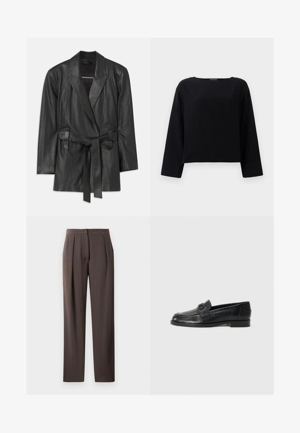 Melna ādas žakete ar iegrieztiem apkakles malām, josta viduklī un pielāgota silueta. Gluda tekstūra un minimālisks dizains. Piemērota slāņošanai.; Melns, garām piedurknēm krekls ar noapaļotu kakla izgriezumu, izgatavots no gluda auduma. Dizains ir īsāks ar taisnu apakšmalu. Minimālisma stils.; Tumši brūni taisnās kājas bikses ar maigu žakarda rakstu, priekšējiem krokām un jostu, izliktas uz balta fona.; Melnas ādas puszābaki ar gludu virsu, iešūtu lineāru rakstu un dekoratīvu sprādzi uz priekšpuses. Zems, kvadrātveida papēdis.